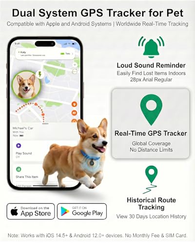 GPS Tracker for Dogs, Smart Dog Tracker with Real-Time Location, for Android and iPhone No Monthly Fee & No SIM Card- Pet Location Tracker with Holder, IP68 Waterproof, Indoor & Outdoor Pet Safety Use
