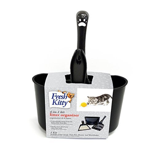 Fresh Kitty 4-in-1 Litter Box Organizer Cleanup Kit – Cat Litter Box Cleaning Supplies – Sweeper & Dustpan, Scooper, Storage Caddy, Black