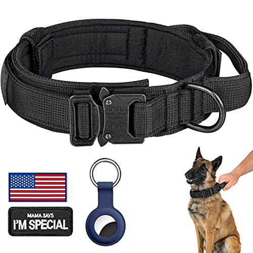 DAGANXI Tactical Dog Collar, Adjustable Military Training Nylon Dog Collar with Control Handle and Heavy Metal Buckle for Medium and Large Dogs, with Patches and Airtags Case