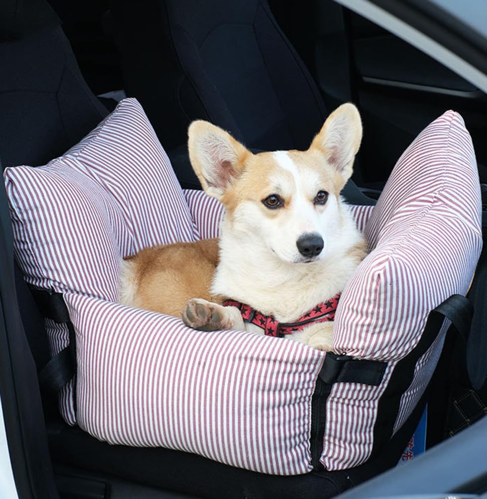 LoKori Car Seat for Medium Dogs, Portable Travel Bed with Booster Seat and Safety Belt, Bed with Storage Pockets and Non-Slip Base