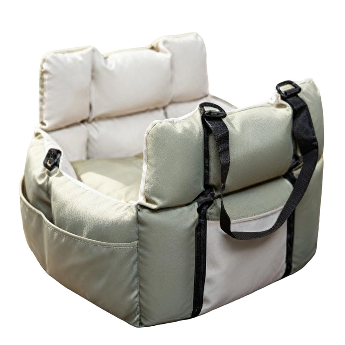 Soft Dog Car Seat Bed for Small Dogs Cats Under 25 lbs Portable Travel Pet Carrier with Storage Pockets Green Beige