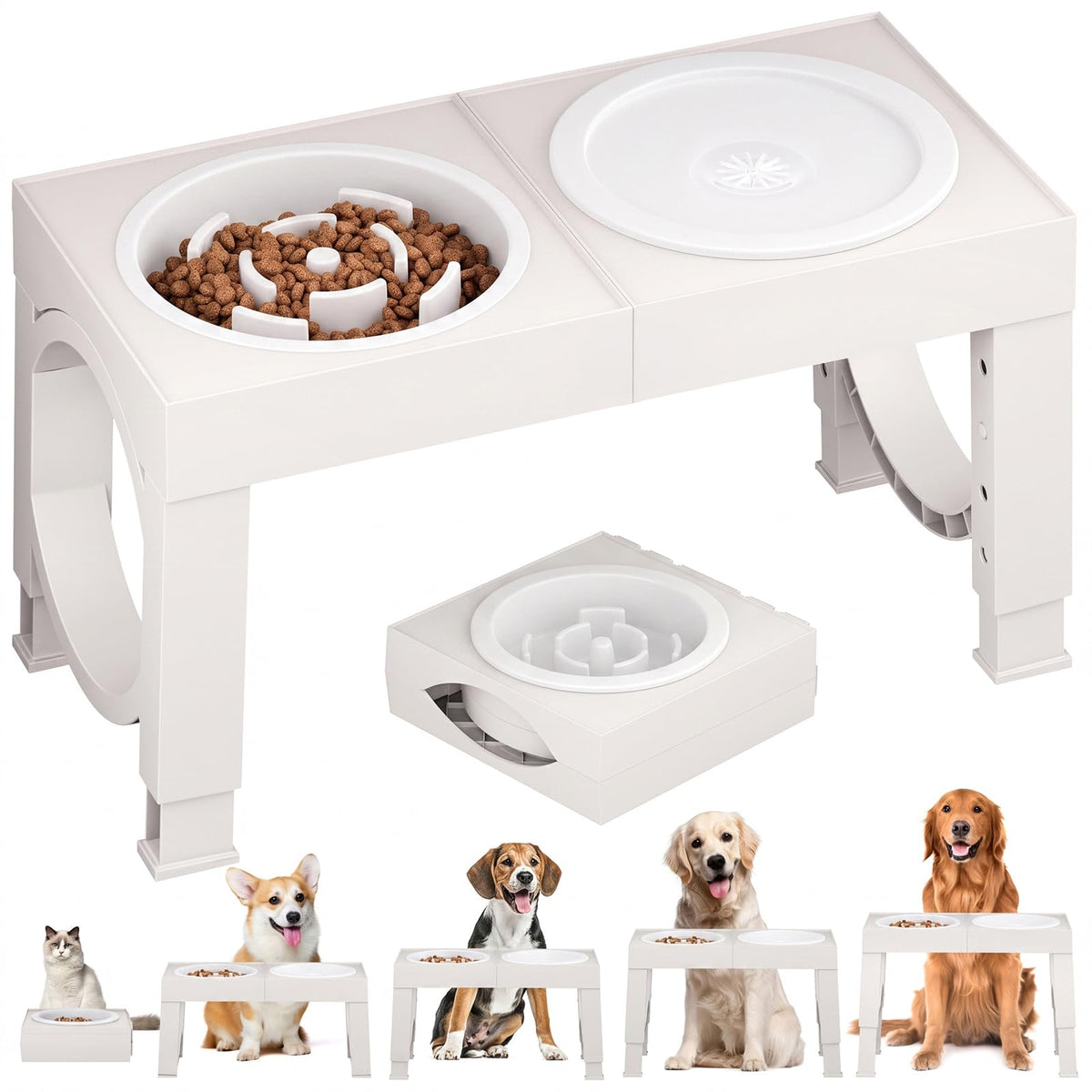 XIAZ Elevated Dog Bowls for Medium/Large Breeds, 4 Height-Adjustable Stainless Steel Dog Food & Water Bowls, No-Slip Portable Feeder for Travel