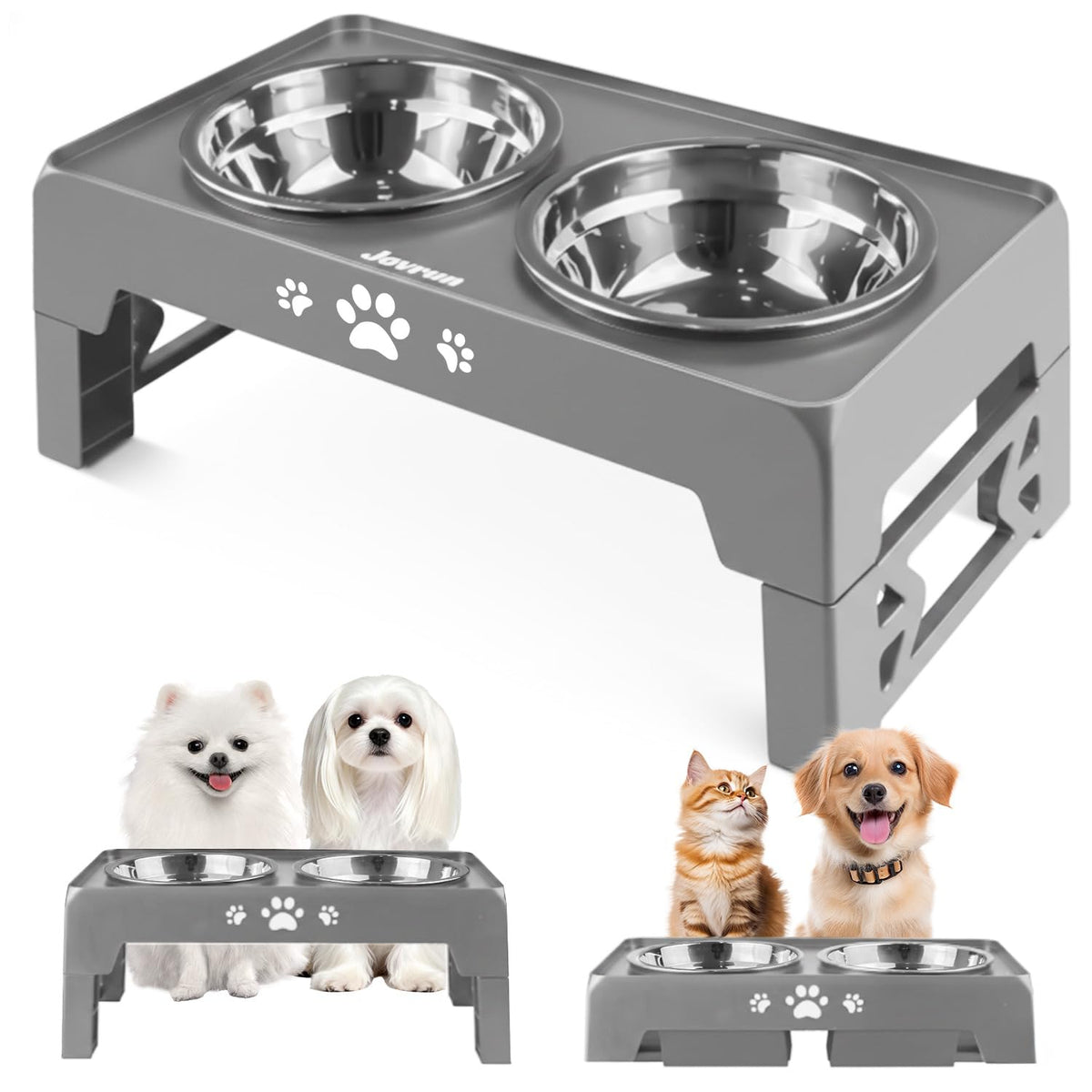 Jovrun Elevated Dog Bowls for Medium Large Size Dogs, Non-Slip Dog Feeder with 1*Stainless Steel Dishes & 1*Slow Feeder Bowl, 5 Heights Adjustable Raised Bowls to 3.15″-8.66″-9.84″-11.02″-12.2″