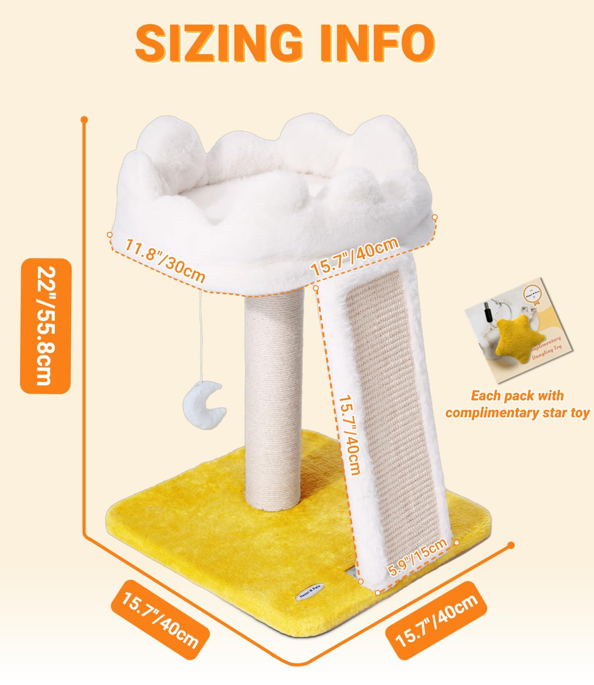 Happi N Pets Cat Tree, Cloud Cat Tower with Soft Bed, Cat Scratching Post & Pad with Larger Perch for Window Viewing, Small Cat Tree with Cute Toys, Bonus Catnip