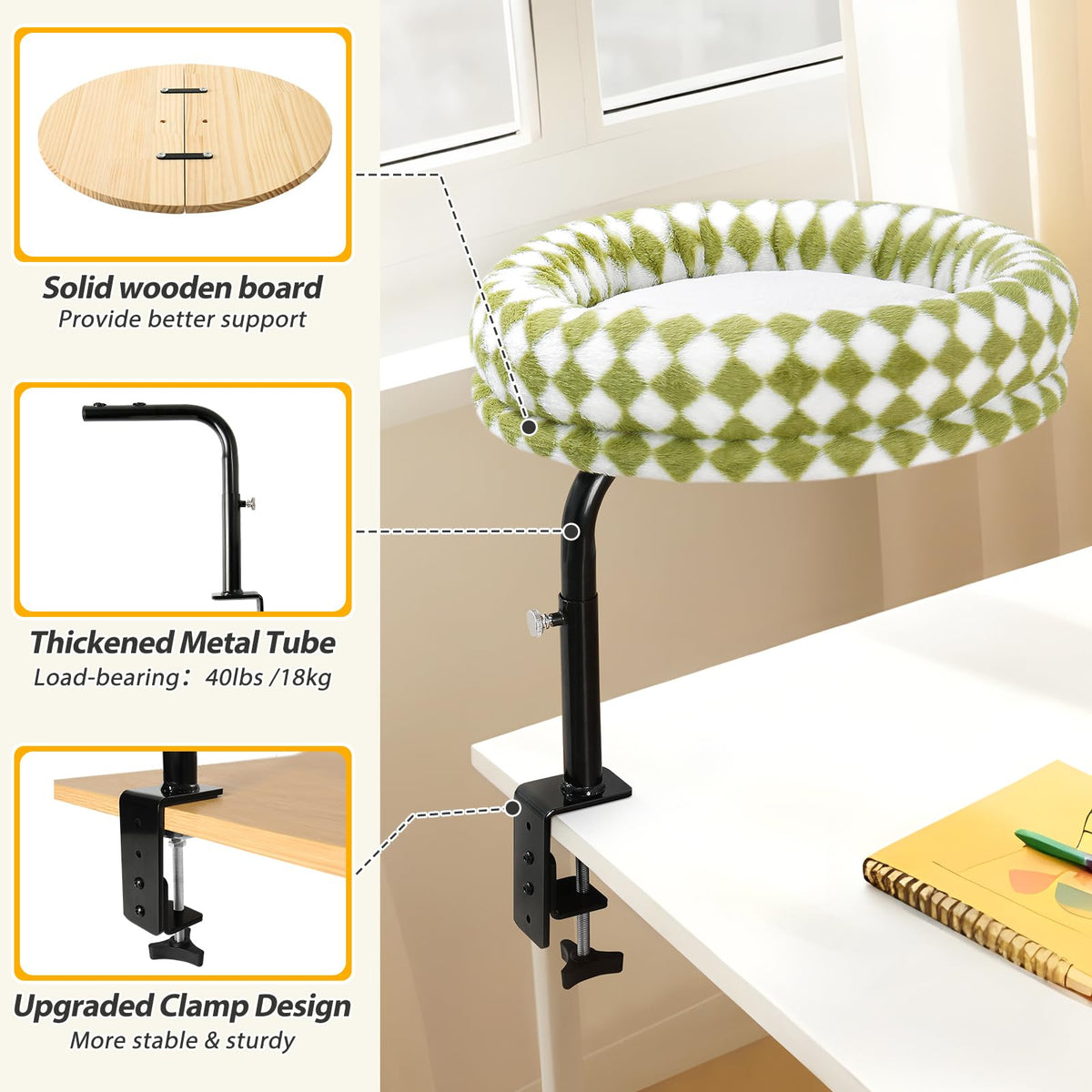 Sunhoo Cat Desk Beds 360° Rotating for Indoor Large Cats Perch Desk Nest Desktop Mount Height Adjustable