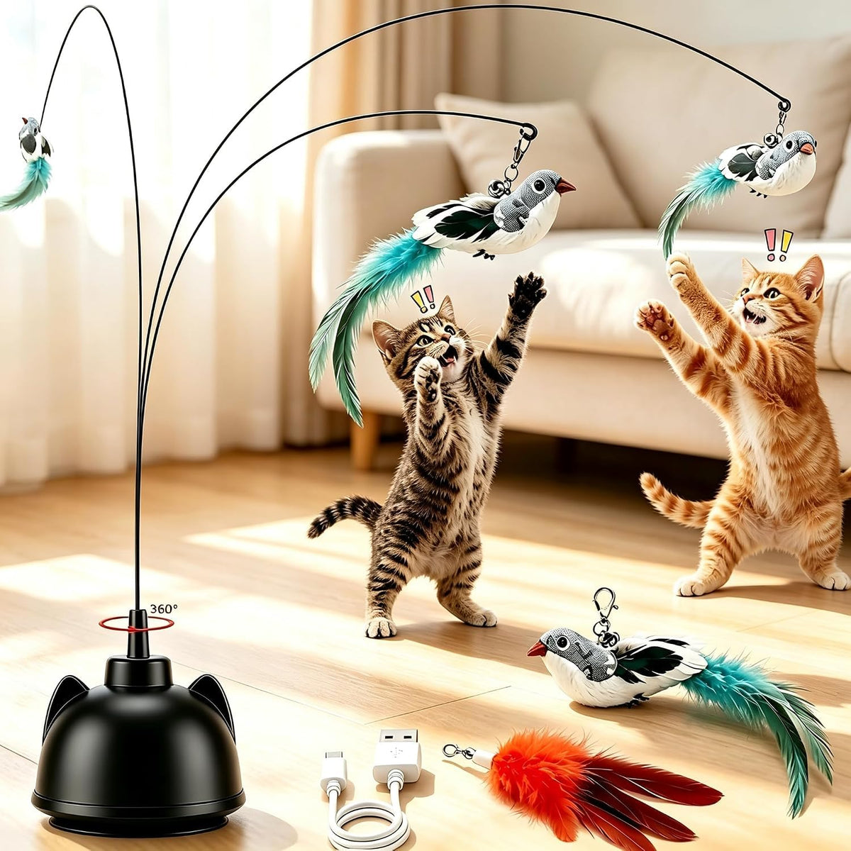 Interactive Cat Toys for Indoor Cats, Automatic 360° Spinning Cat Wand Toy, Strong Suction Cup Base, USB Rechargeable, Detachable Wand, 2 Feather Refills, 2 Speeds, 3 Modes for Cats of All Ages