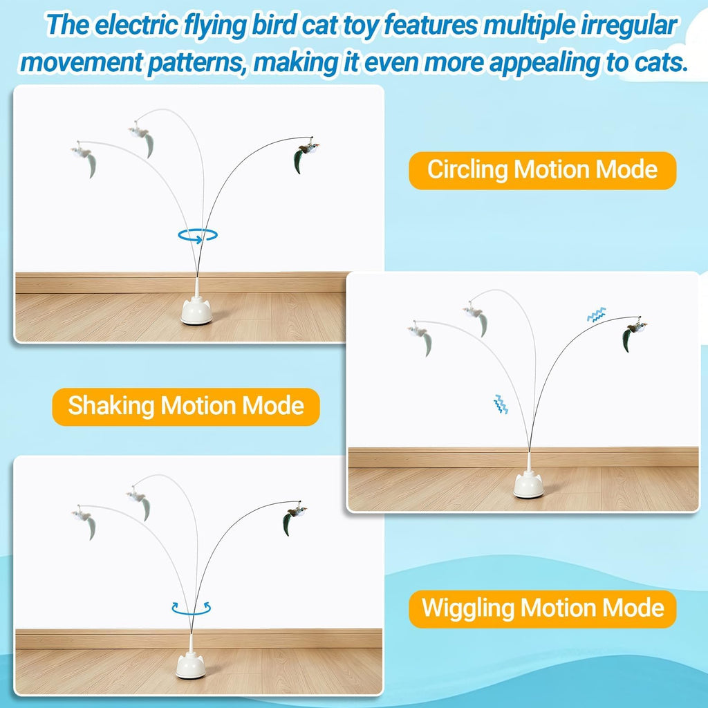 Interactive Cat Toys for Indoor Cats, Automatic 360° Spinning Cat Wand Toy, Strong Suction Cup Base, USB Rechargeable, Detachable Wand, 2 Feather Refills, 2 Speeds, 3 Modes for Cats of All Ages
