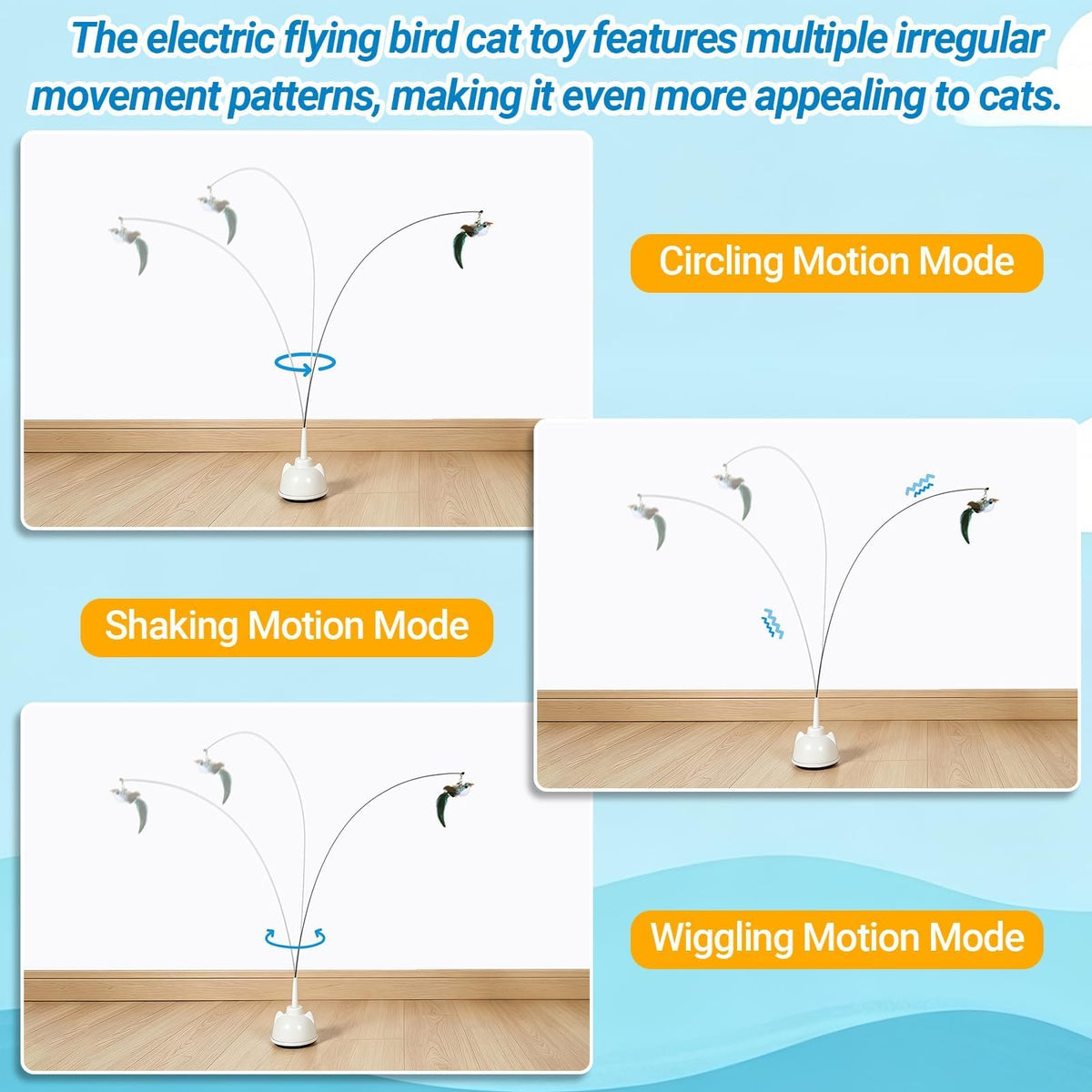 Interactive Cat Toys for Indoor Cats, Automatic 360° Spinning Cat Wand Toy, Strong Suction Cup Base, USB Rechargeable, Detachable Wand, 2 Feather Refills, 2 Speeds, 3 Modes for Cats of All Ages