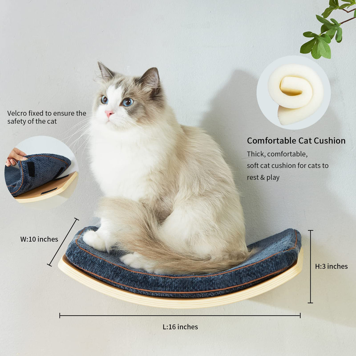 LIORCE Cat Shelf With Comfortable Cushion - Curved Shelves and Perches for Wall - Wall Mounted Furniture for Sleeping, Playing, Climbing, and Lounging