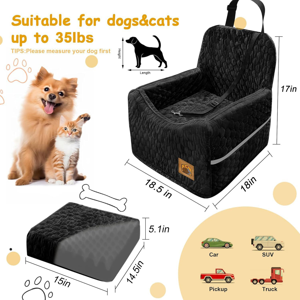 Dog Car Seat for Small/Medium Dogs, Memory Foam Dog Booster Seat, Travel Safety Per Car Seat with Washable Removable Cover, Storage Pockets for Dogs up to 35 lbs