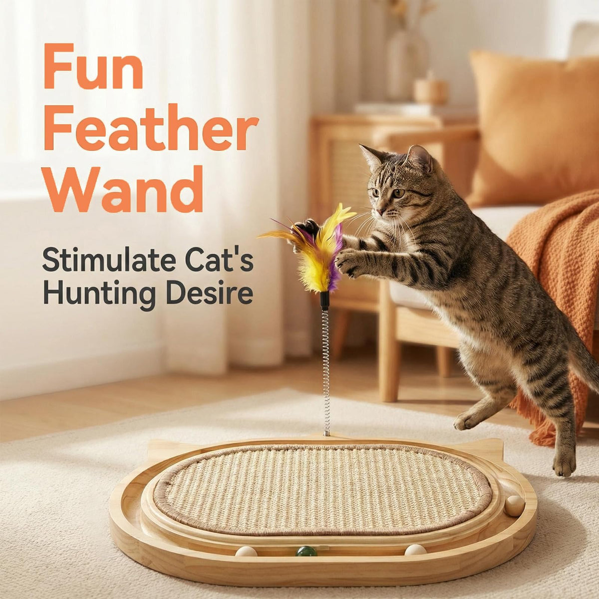 Sxtglxr Cat Scratcher with Ball Track Feather,Sisal Scratch Pad for Cat Indoor Use,Cat Puzzle Toys Wooden Interactive Fit Kitten and Adult Cats,Indoor Entertainment Chasing Hunting Physical Exercise