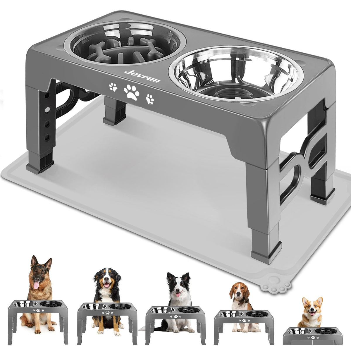 Jovrun Elevated Dog Bowls for Medium Large Size Dogs, Non-Slip Dog Feeder with 1*Stainless Steel Dishes & 1*Slow Feeder Bowl, 5 Heights Adjustable Raised Bowls to 3.15″-8.66″-9.84″-11.02″-12.2″