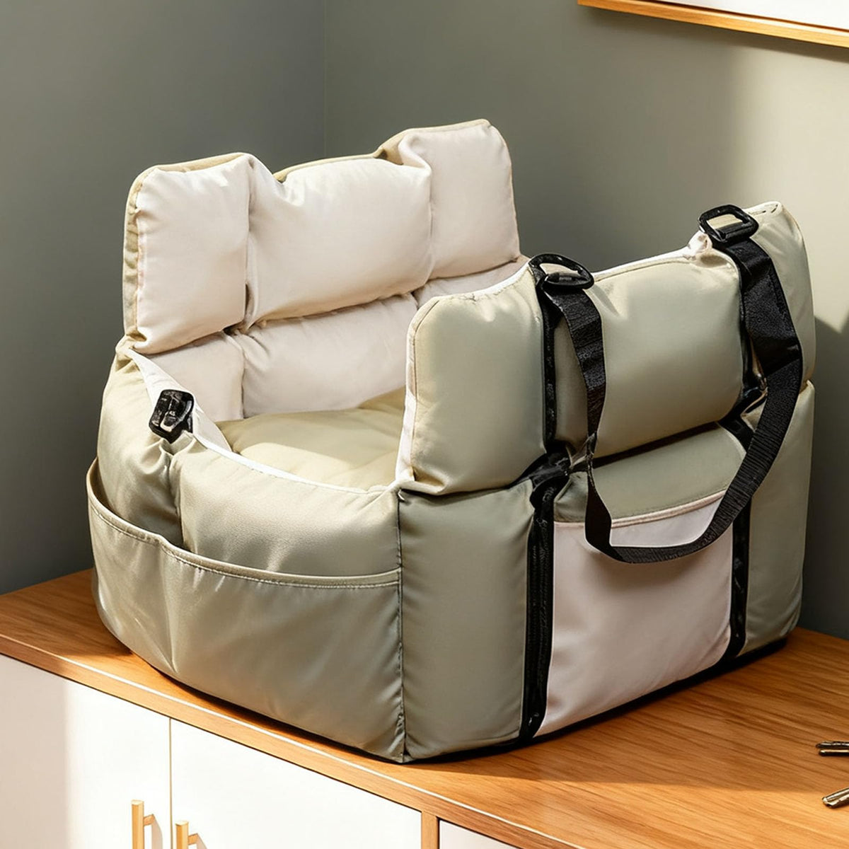 Soft Dog Car Seat Bed for Small Dogs Cats Under 25 lbs Portable Travel Pet Carrier with Storage Pockets Green Beige