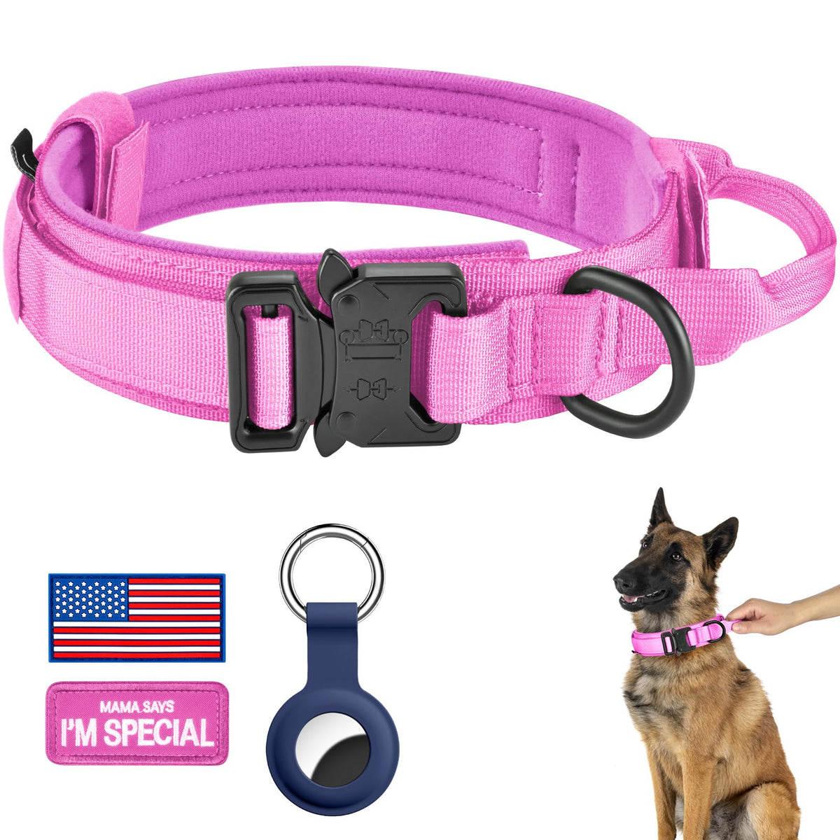 DAGANXI Tactical Dog Collar, Adjustable Military Training Nylon Dog Collar with Control Handle and Heavy Metal Buckle for Medium and Large Dogs, with Patches and Airtags Case