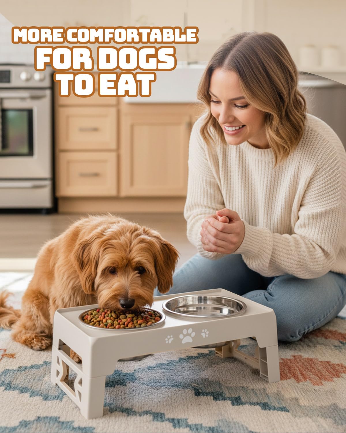 Jovrun Elevated Dog Bowls for Medium Large Size Dogs, Non-Slip Dog Feeder with 1*Stainless Steel Dishes & 1*Slow Feeder Bowl, 5 Heights Adjustable Raised Bowls to 3.15″-8.66″-9.84″-11.02″-12.2″