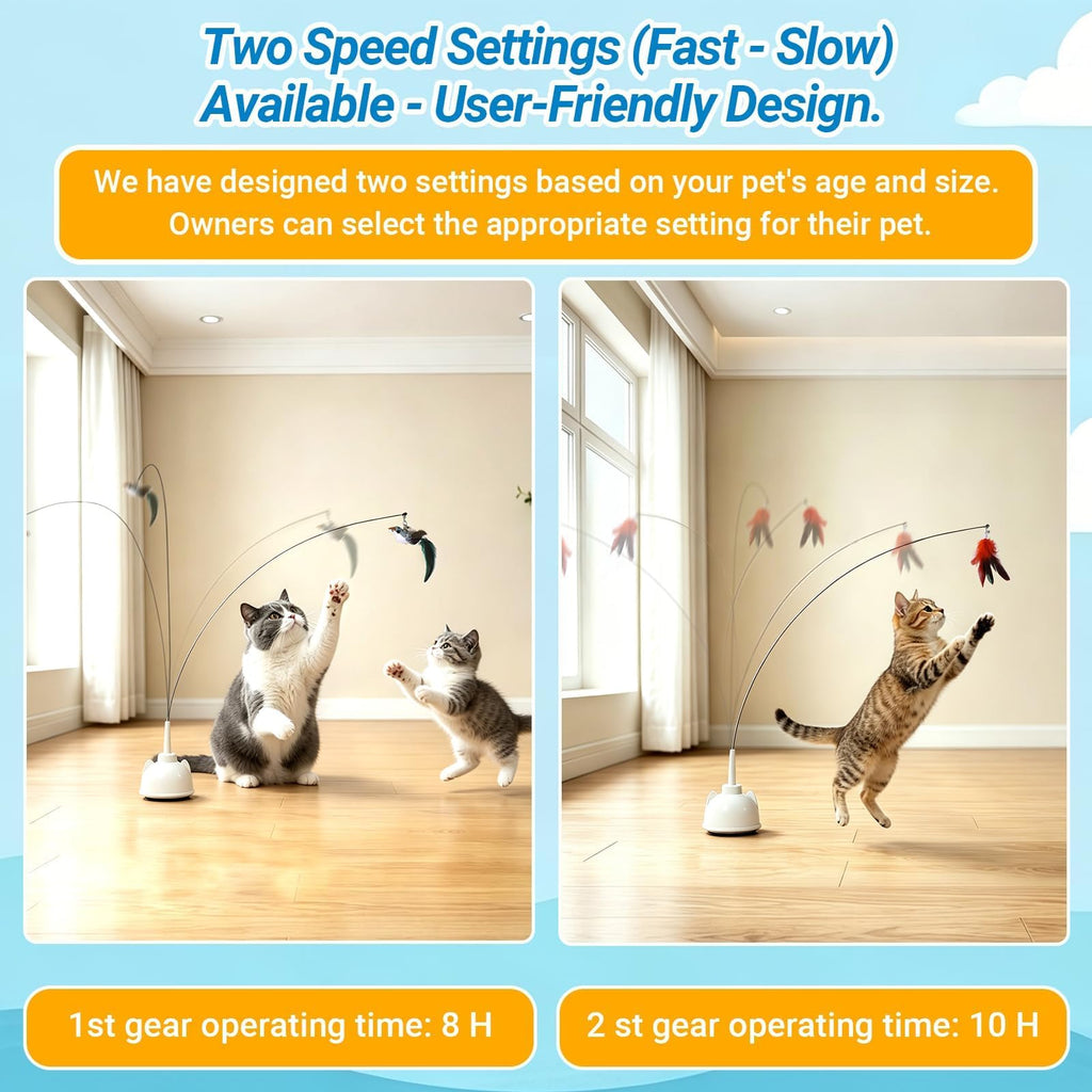Interactive Cat Toys for Indoor Cats, Automatic 360° Spinning Cat Wand Toy, Strong Suction Cup Base, USB Rechargeable, Detachable Wand, 2 Feather Refills, 2 Speeds, 3 Modes for Cats of All Ages