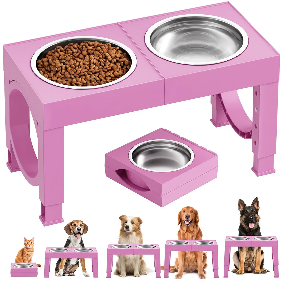 XIAZ Elevated Dog Bowls for Medium/Large Breeds, 4 Height-Adjustable Stainless Steel Dog Food & Water Bowls, No-Slip Portable Feeder for Travel