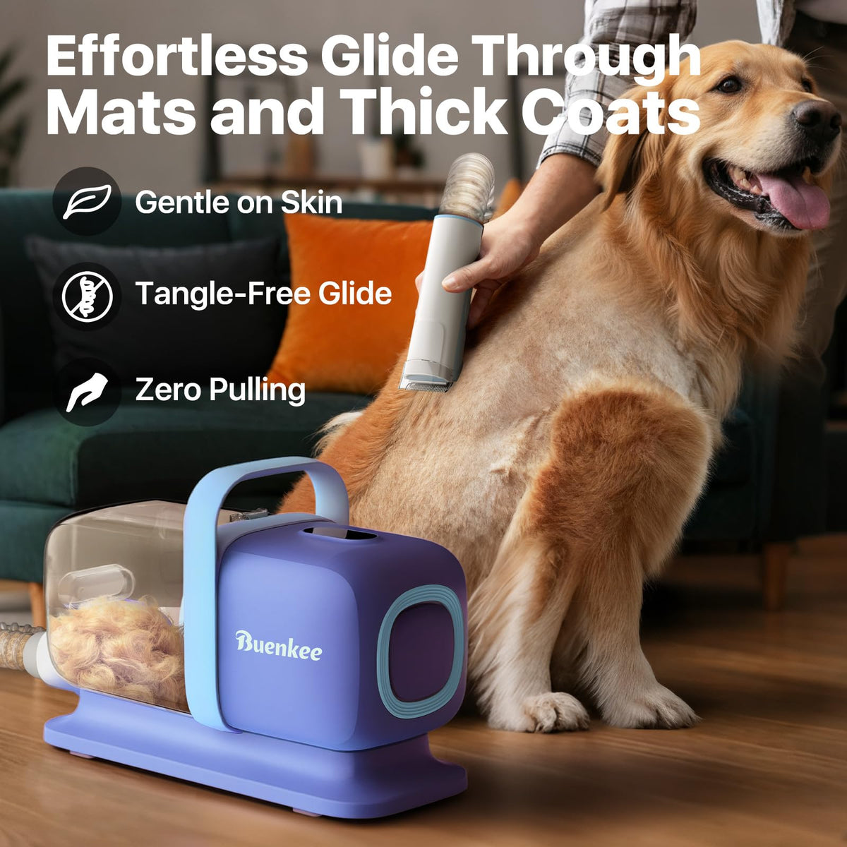 buenkee Dog Grooming Kit with Vacuum, 15000Pa Pet Hair Clipper and Shedding Brush, 50dB Low Noise, 2L Capacity, White