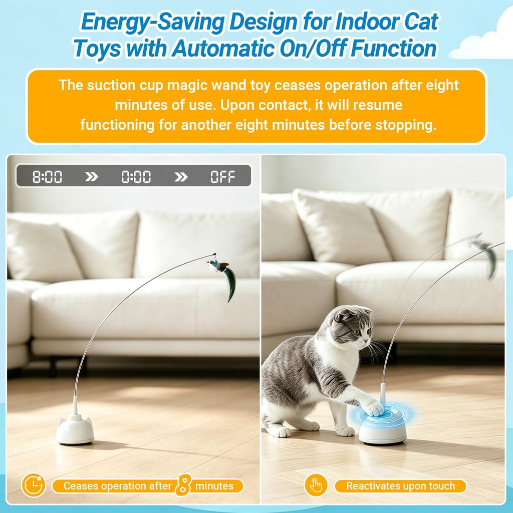 Interactive Cat Toys for Indoor Cats, Automatic 360° Spinning Cat Wand Toy, Strong Suction Cup Base, USB Rechargeable, Detachable Wand, 2 Feather Refills, 2 Speeds, 3 Modes for Cats of All Ages