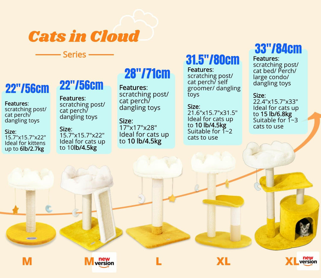 Happi N Pets Cat Tree, Cloud Cat Tower with Soft Bed, Cat Scratching Post & Pad with Larger Perch for Window Viewing, Small Cat Tree with Cute Toys, Bonus Catnip