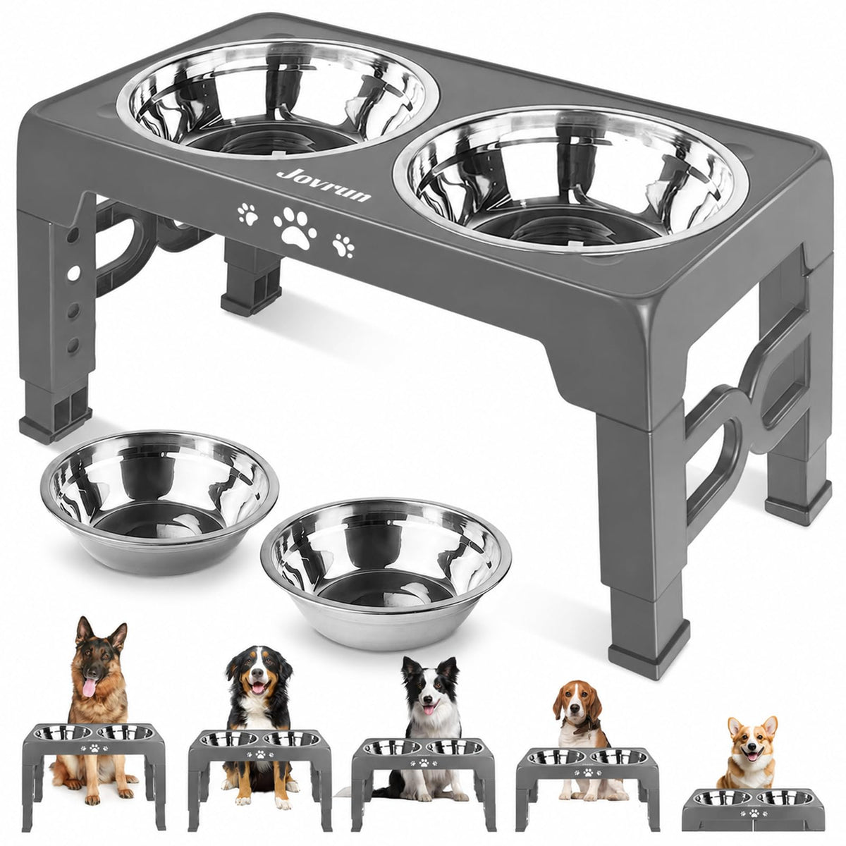 Jovrun Elevated Dog Bowls for Medium Large Size Dogs, Non-Slip Dog Feeder with 1*Stainless Steel Dishes & 1*Slow Feeder Bowl, 5 Heights Adjustable Raised Bowls to 3.15″-8.66″-9.84″-11.02″-12.2″