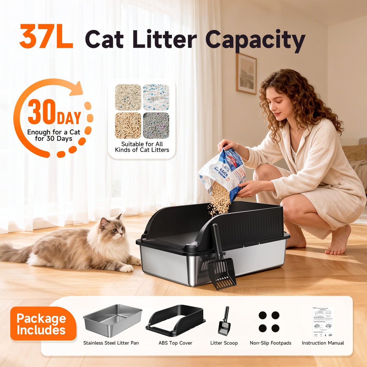 H3 Light Grey Stainless Steel Litter Box