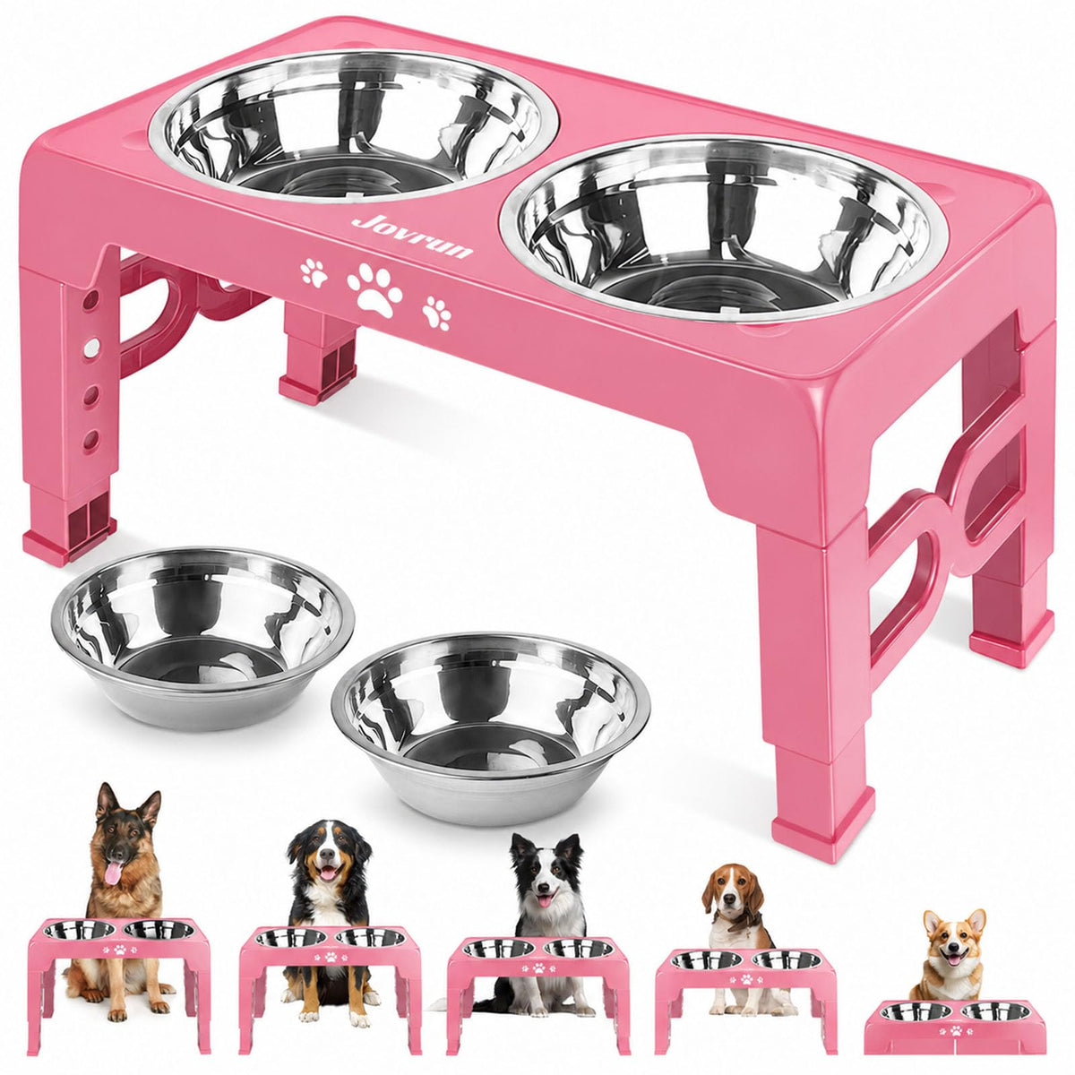 Jovrun Elevated Dog Bowls for Medium Large Size Dogs, Non-Slip Dog Feeder with 1*Stainless Steel Dishes & 1*Slow Feeder Bowl, 5 Heights Adjustable Raised Bowls to 3.15″-8.66″-9.84″-11.02″-12.2″