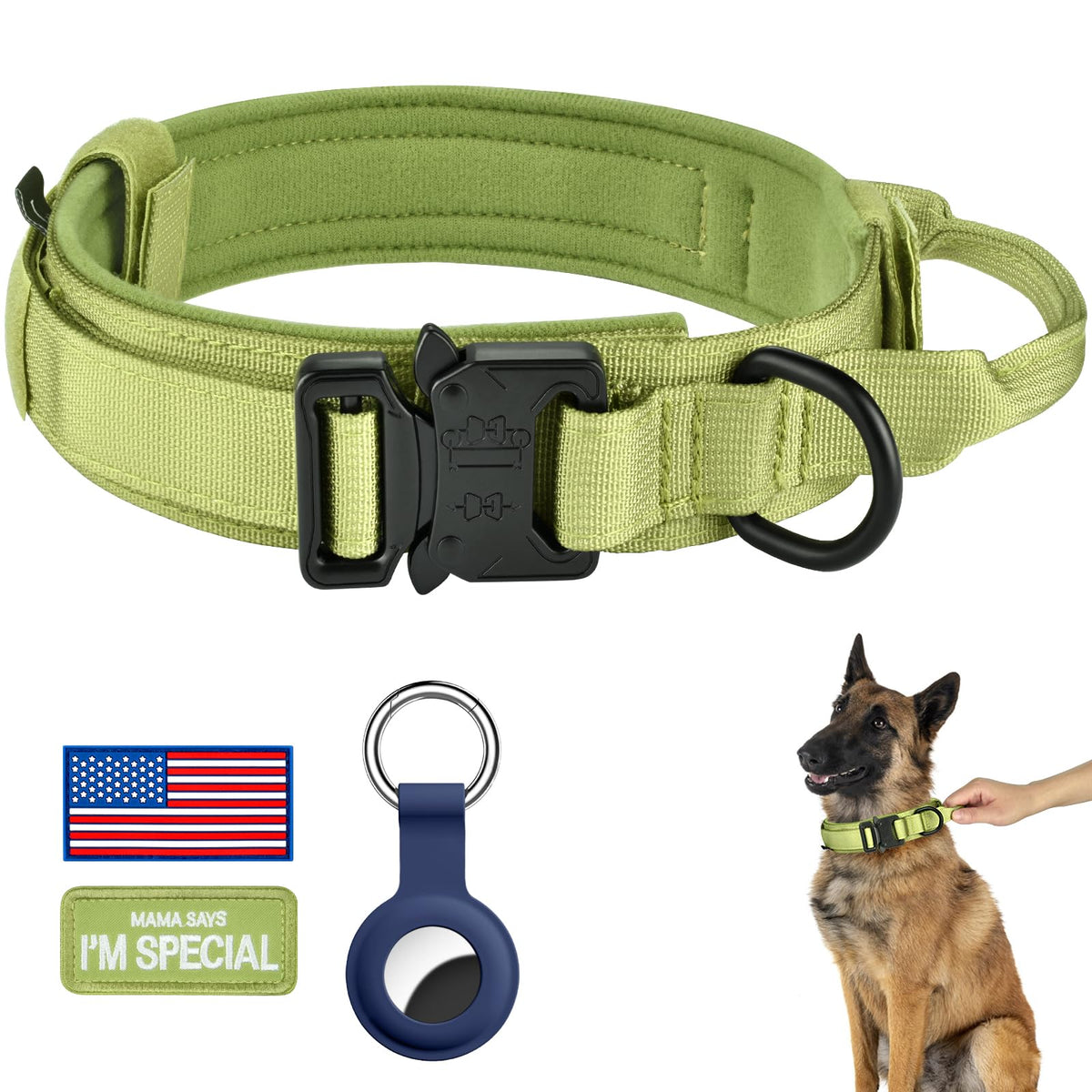 DAGANXI Tactical Dog Collar, Adjustable Military Training Nylon Dog Collar with Control Handle and Heavy Metal Buckle for Medium and Large Dogs, with Patches and Airtags Case