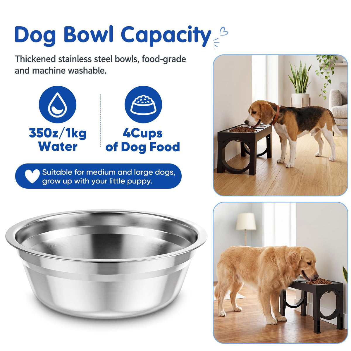 XIAZ Elevated Dog Bowls for Medium/Large Breeds, 4 Height-Adjustable Stainless Steel Dog Food & Water Bowls, No-Slip Portable Feeder for Travel