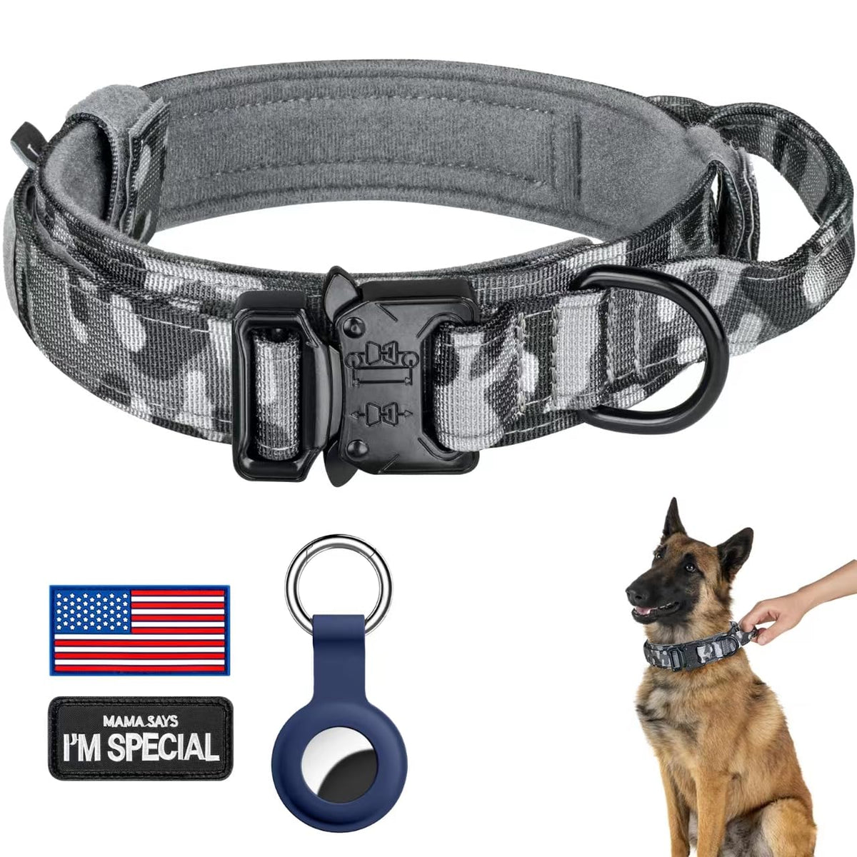 DAGANXI Tactical Dog Collar, Adjustable Military Training Nylon Dog Collar with Control Handle and Heavy Metal Buckle for Medium and Large Dogs, with Patches and Airtags Case