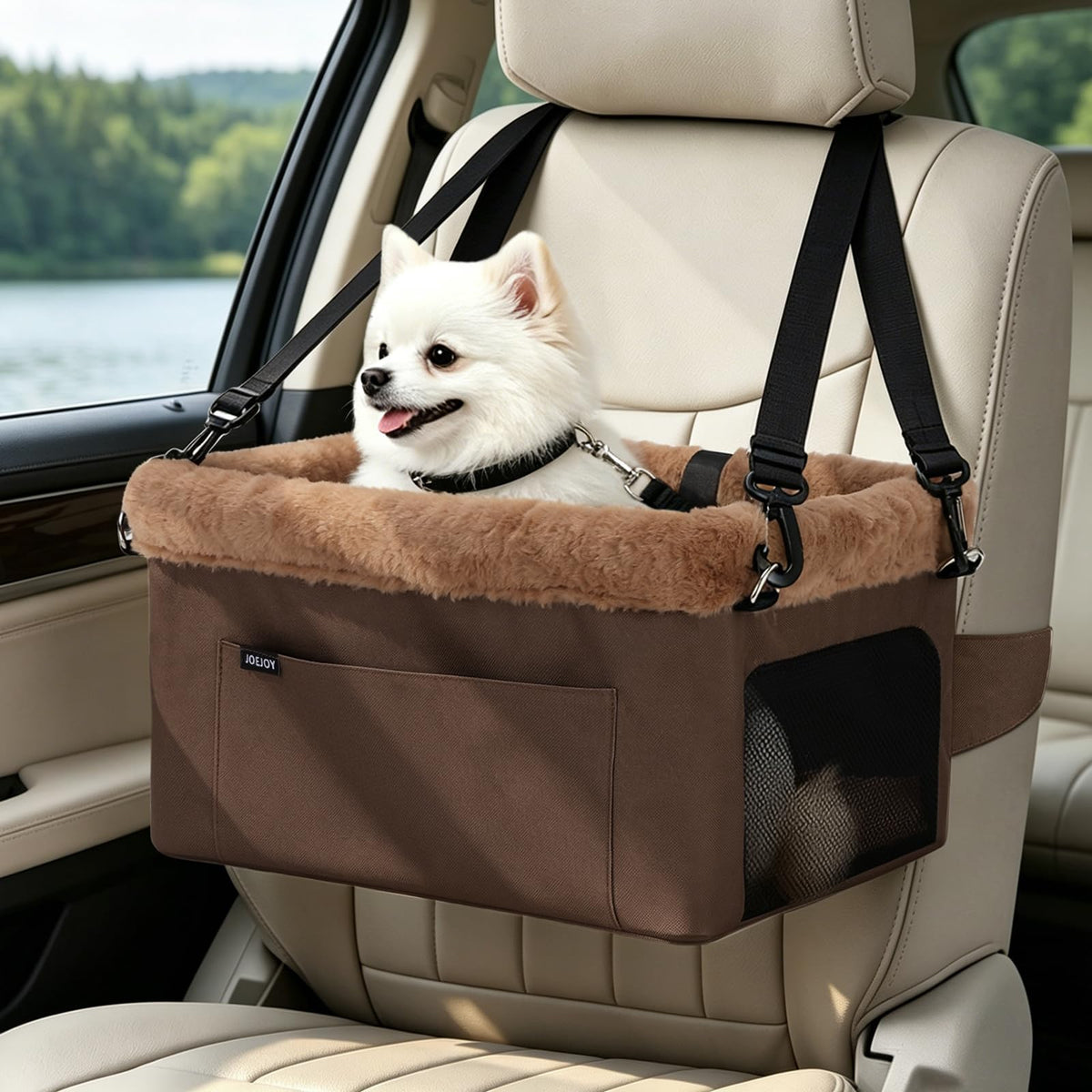 JOEJOY Deluxe Dog Booster Seat with Sturdy Metal Frame and Safety Leash for Small Pets up to 20 lbs - Portable Puppy Dog Car Seat with Thick Cushion and Storage Pockets for Small Dogs