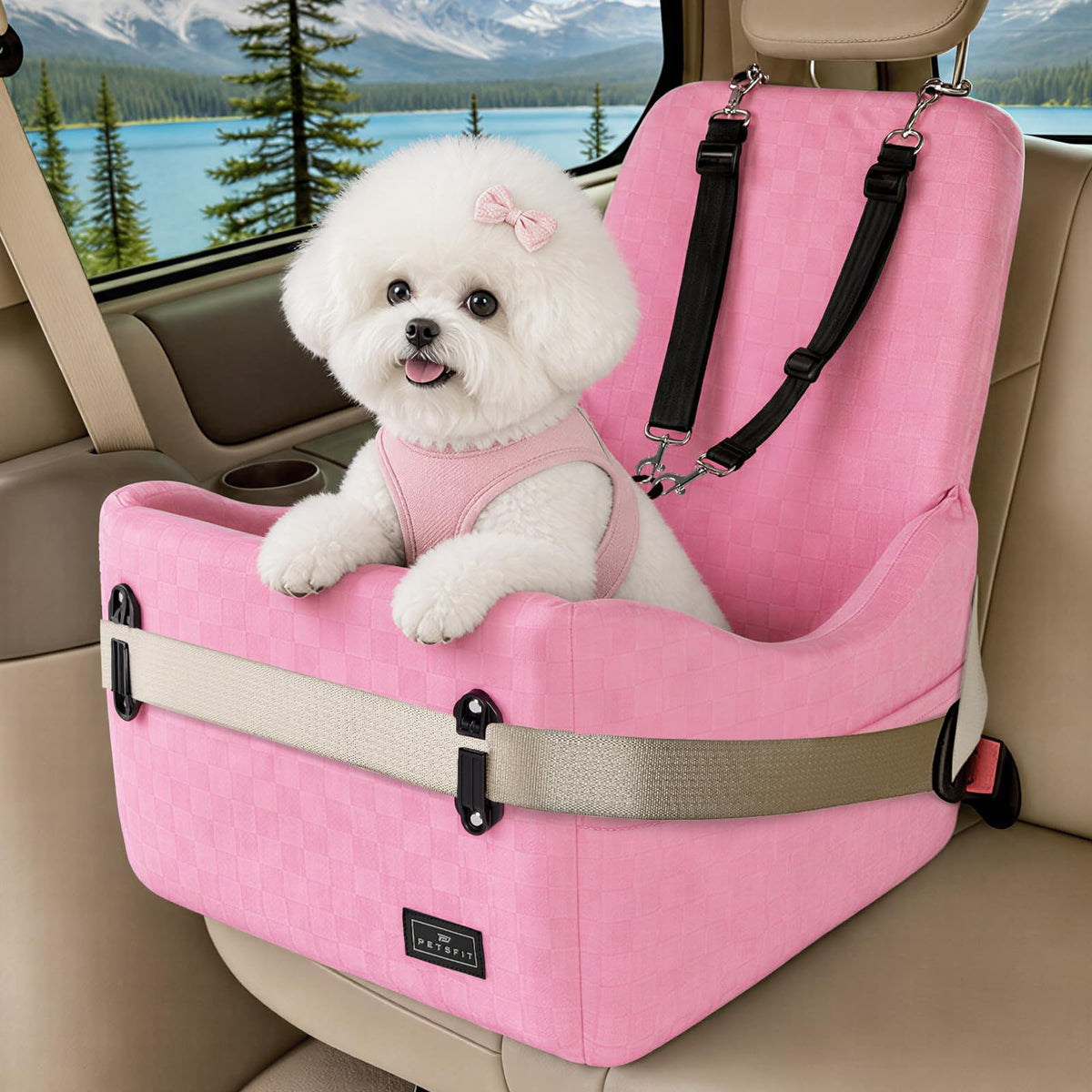 PETSFIT Dog Booster Car Seat for Small/Medium Dogs Up to 35 lbs – Patented Safety System, 5" Memory Foam Pet Car Seat, Fully Detachable and Washable Cover