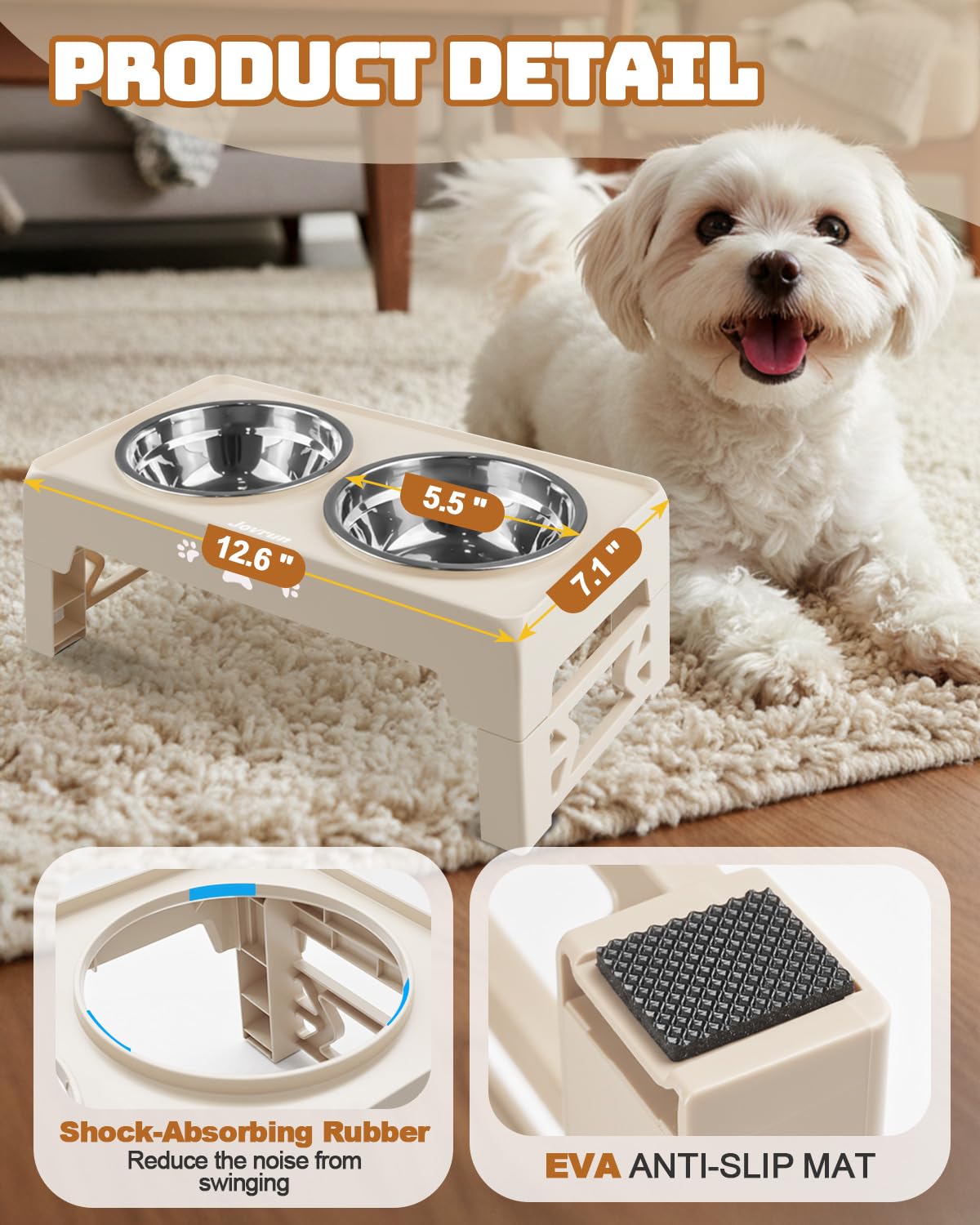 Jovrun Elevated Dog Bowls for Medium Large Size Dogs, Non-Slip Dog Feeder with 1*Stainless Steel Dishes & 1*Slow Feeder Bowl, 5 Heights Adjustable Raised Bowls to 3.15″-8.66″-9.84″-11.02″-12.2″