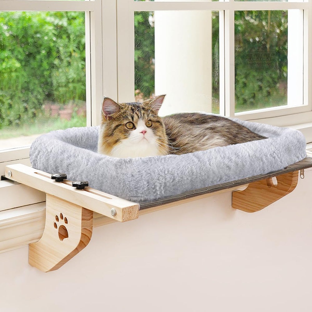AMOSIJOY Wooden Cat Windowsill Perch with Cushion Bed