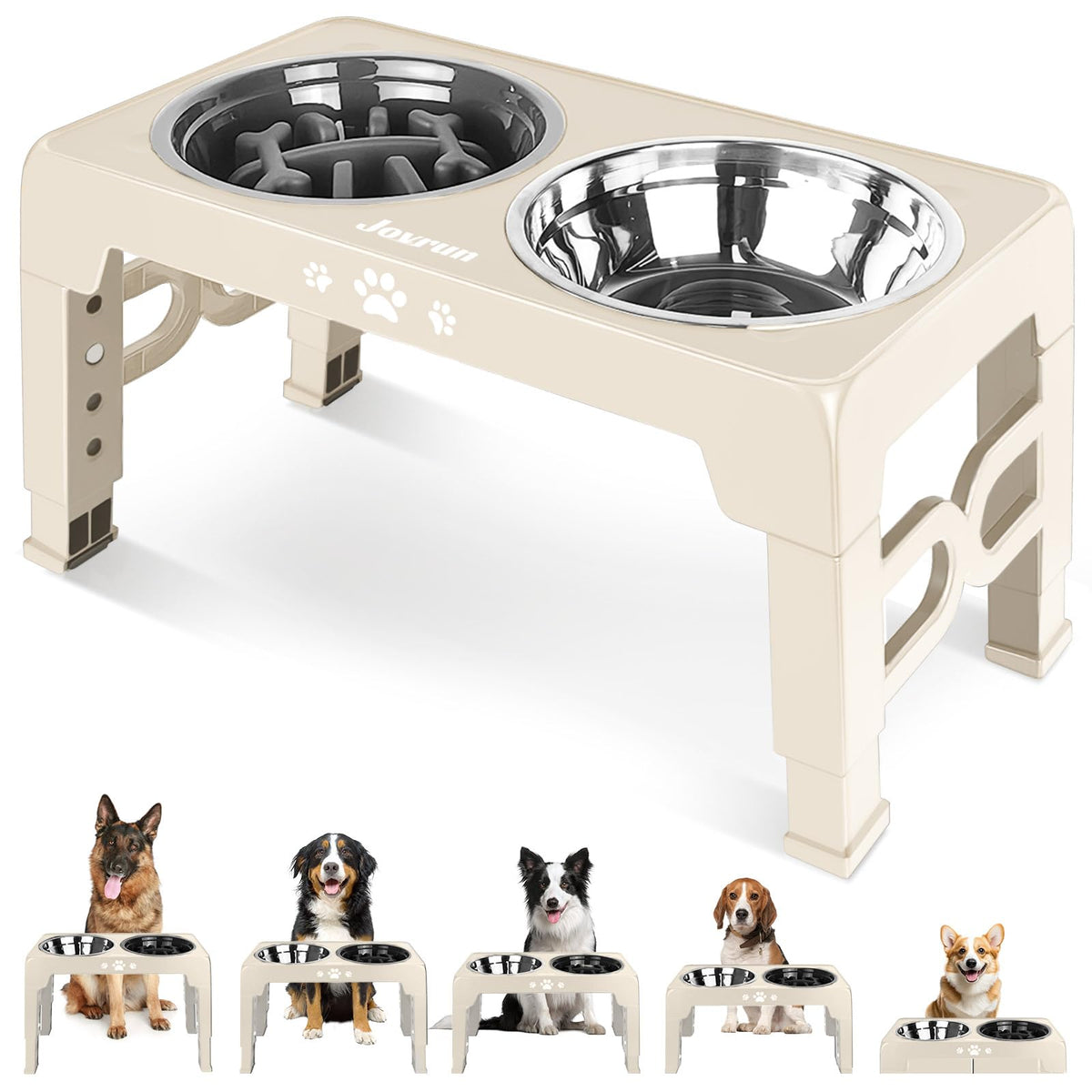 Jovrun Elevated Dog Bowls for Medium Large Size Dogs, Non-Slip Dog Feeder with 1*Stainless Steel Dishes & 1*Slow Feeder Bowl, 5 Heights Adjustable Raised Bowls to 3.15″-8.66″-9.84″-11.02″-12.2″