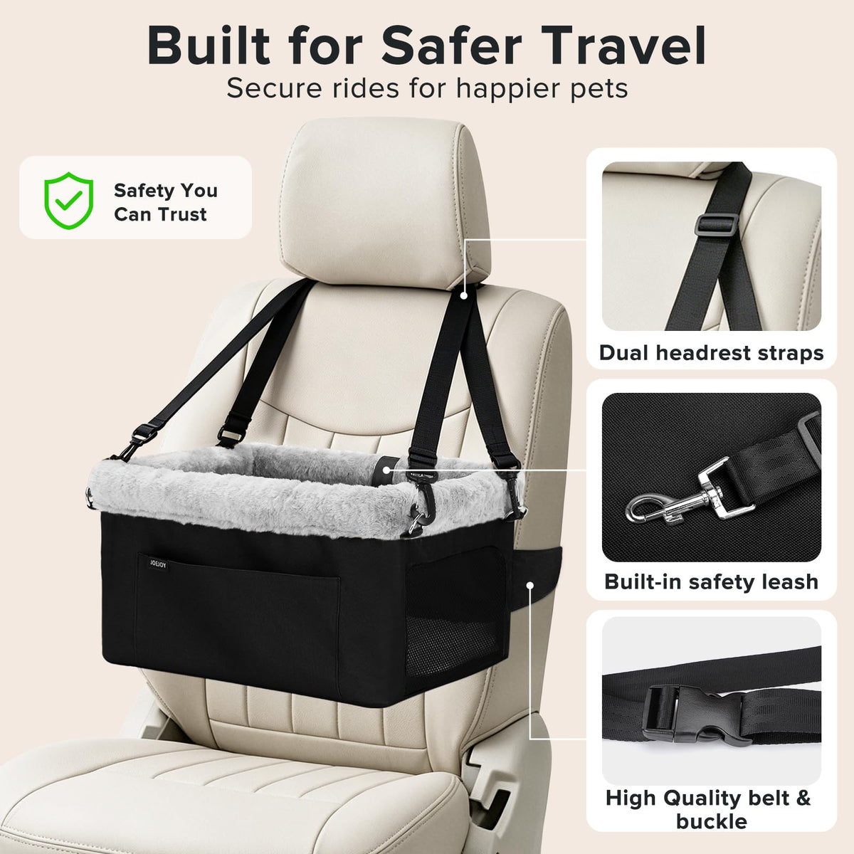 JOEJOY Deluxe Dog Booster Seat with Sturdy Metal Frame and Safety Leash for Small Pets up to 20 lbs - Portable Puppy Dog Car Seat with Thick Cushion and Storage Pockets for Small Dogs