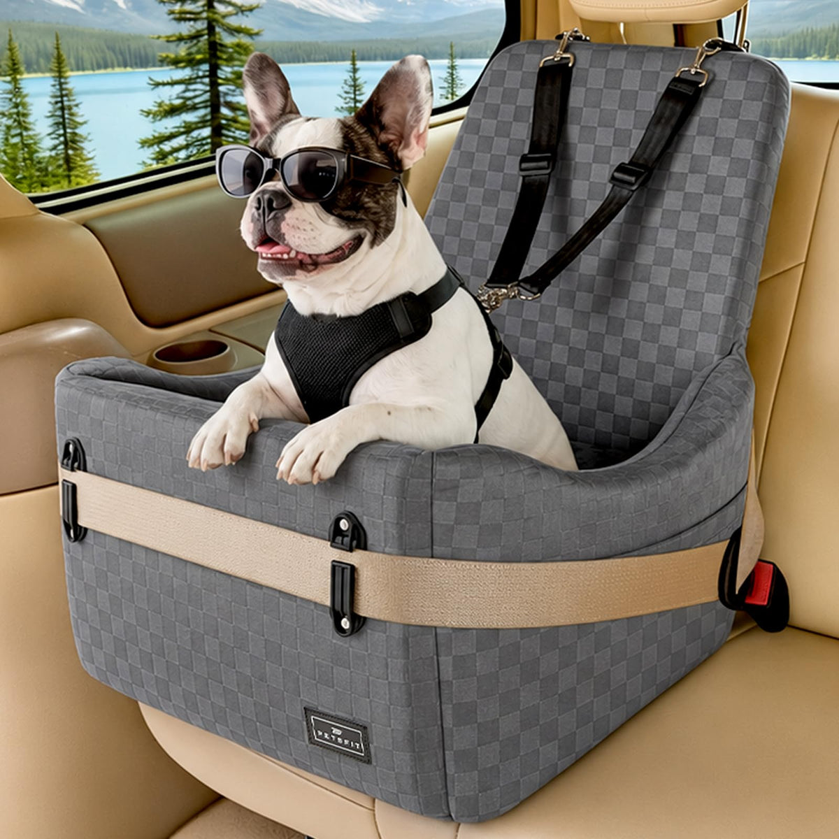 PETSFIT Dog Booster Car Seat for Small/Medium Dogs Up to 35 lbs – Patented Safety System, 5" Memory Foam Pet Car Seat, Fully Detachable and Washable Cover