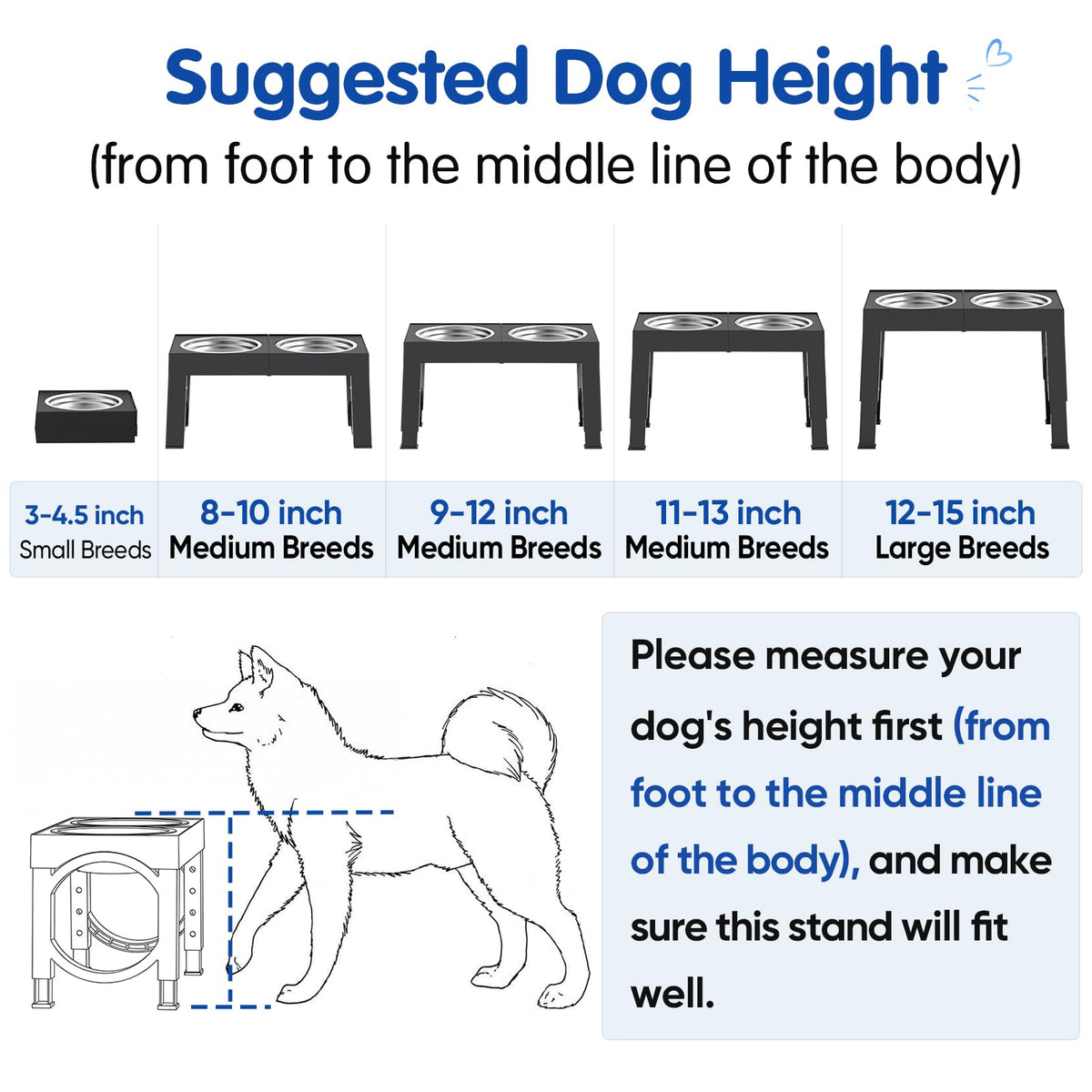 XIAZ Elevated Dog Bowls for Medium/Large Breeds, 4 Height-Adjustable Stainless Steel Dog Food & Water Bowls, No-Slip Portable Feeder for Travel