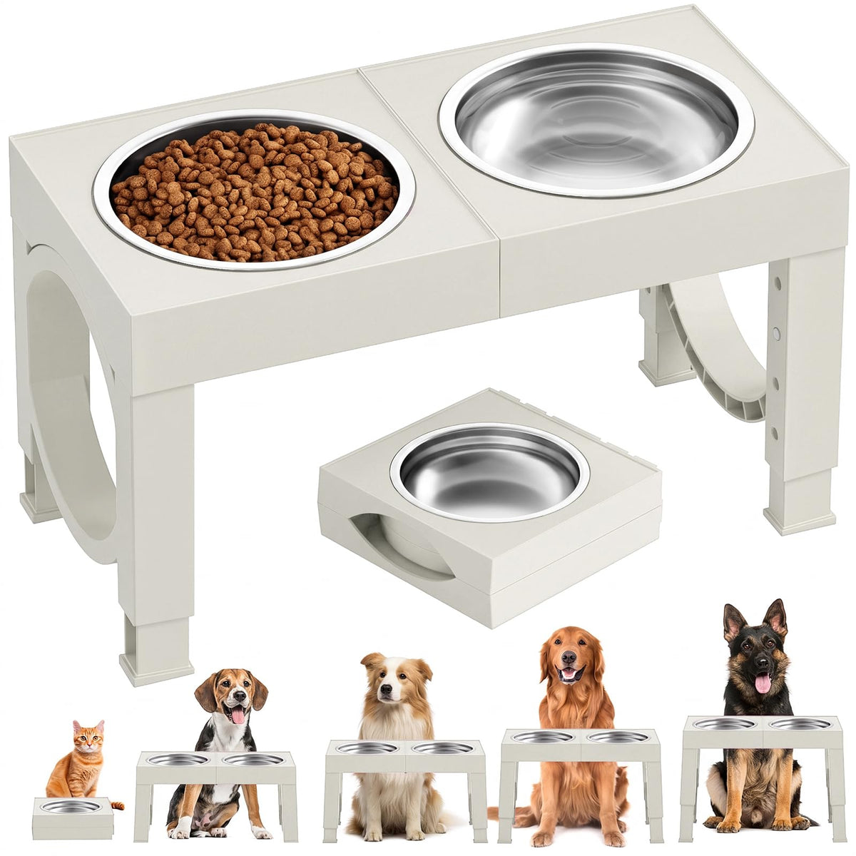 XIAZ Elevated Dog Bowls for Medium/Large Breeds, 4 Height-Adjustable Stainless Steel Dog Food & Water Bowls, No-Slip Portable Feeder for Travel