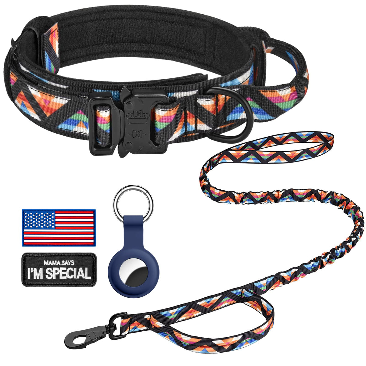 DAGANXI Tactical Dog Collar, Adjustable Military Training Nylon Dog Collar with Control Handle and Heavy Metal Buckle for Medium and Large Dogs, with Patches and Airtags Case