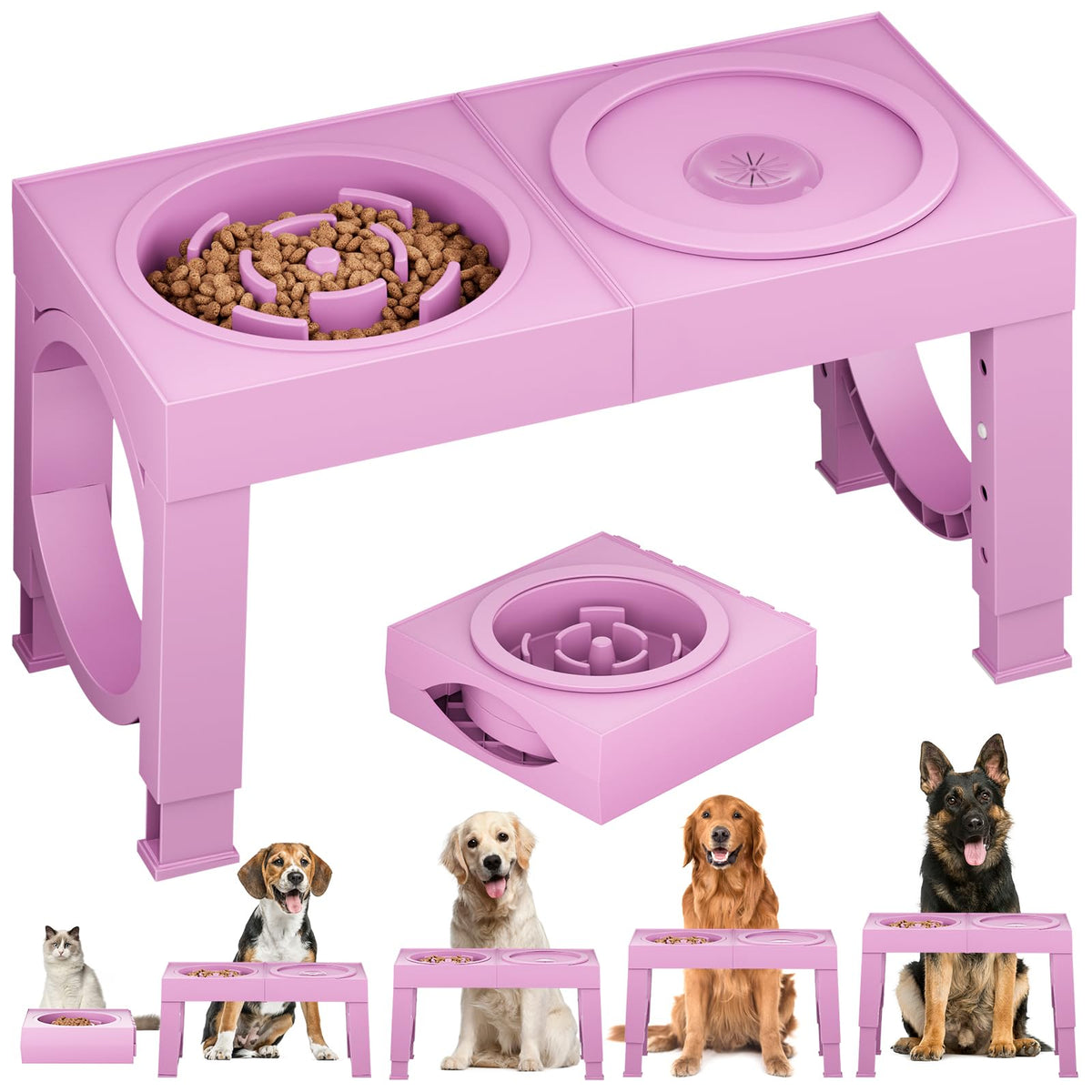 XIAZ Elevated Dog Bowls for Medium/Large Breeds, 4 Height-Adjustable Stainless Steel Dog Food & Water Bowls, No-Slip Portable Feeder for Travel