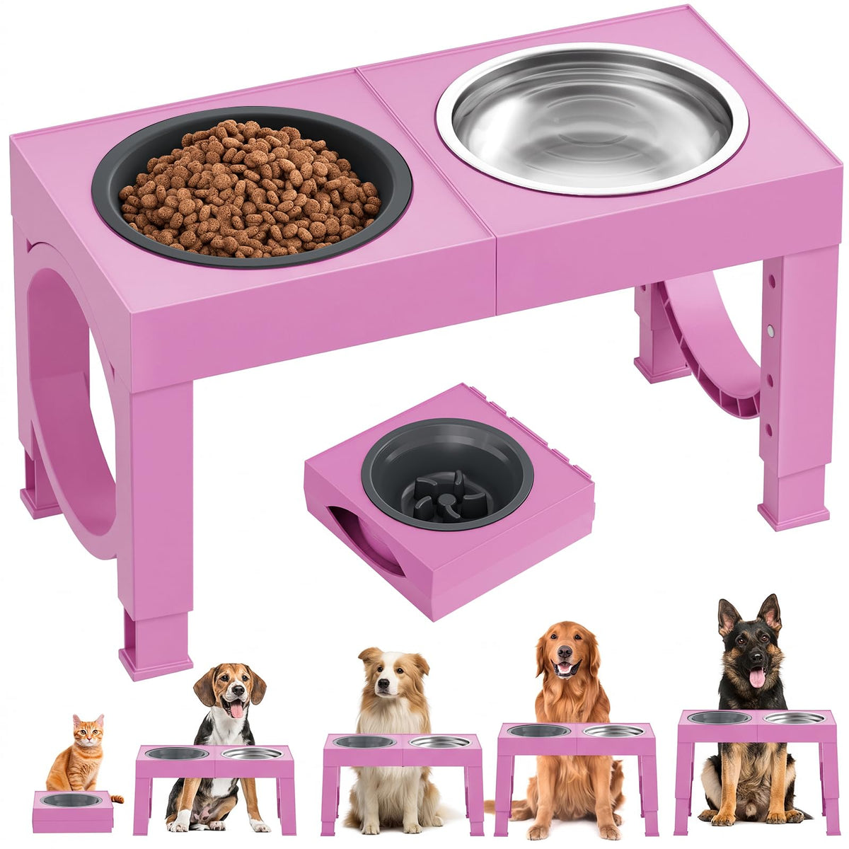 XIAZ Elevated Dog Bowls for Medium/Large Breeds, 4 Height-Adjustable Stainless Steel Dog Food & Water Bowls, No-Slip Portable Feeder for Travel