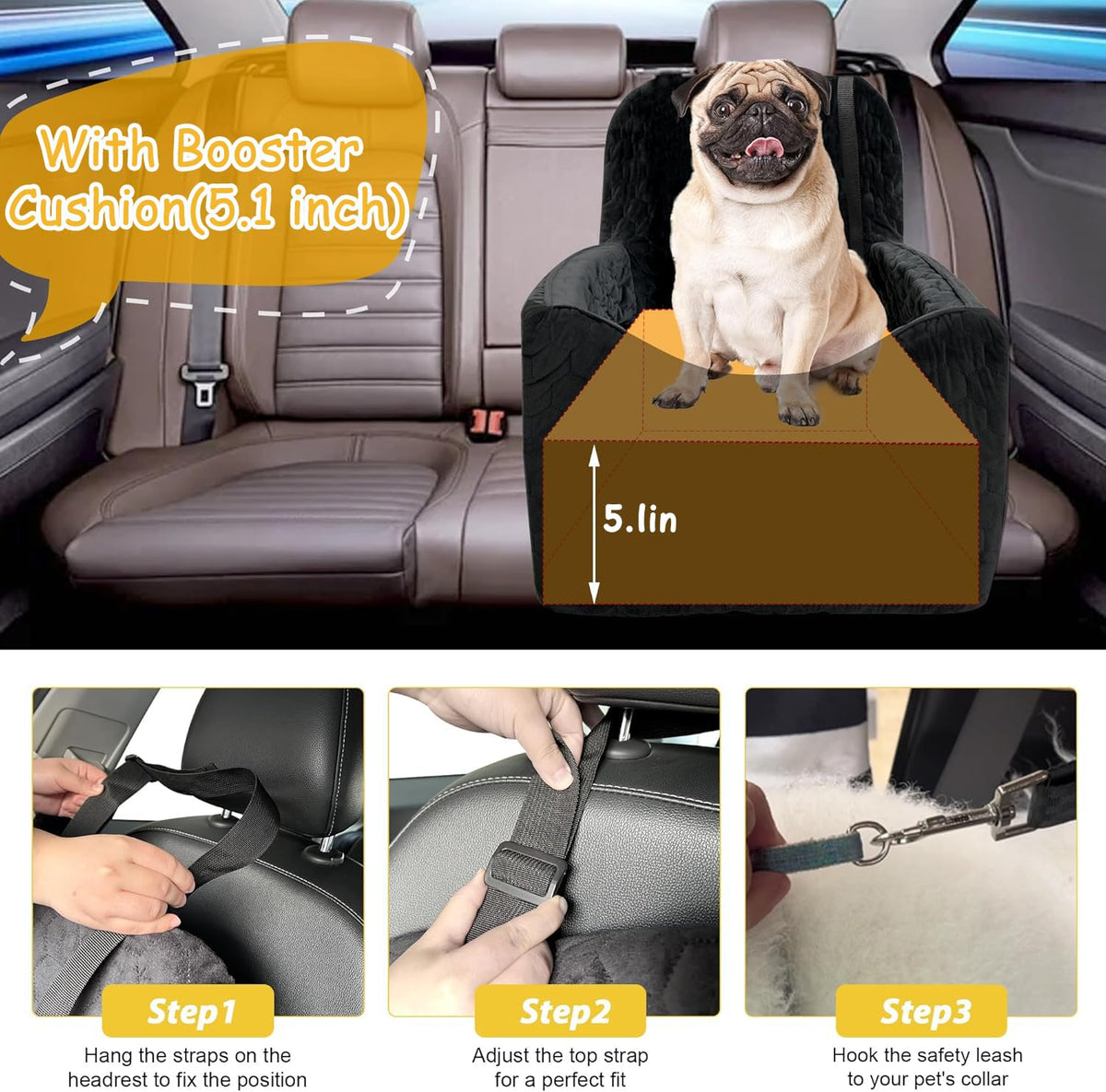Dog Car Seat for Small/Medium Dogs, Memory Foam Dog Booster Seat, Travel Safety Per Car Seat with Washable Removable Cover, Storage Pockets for Dogs up to 35 lbs