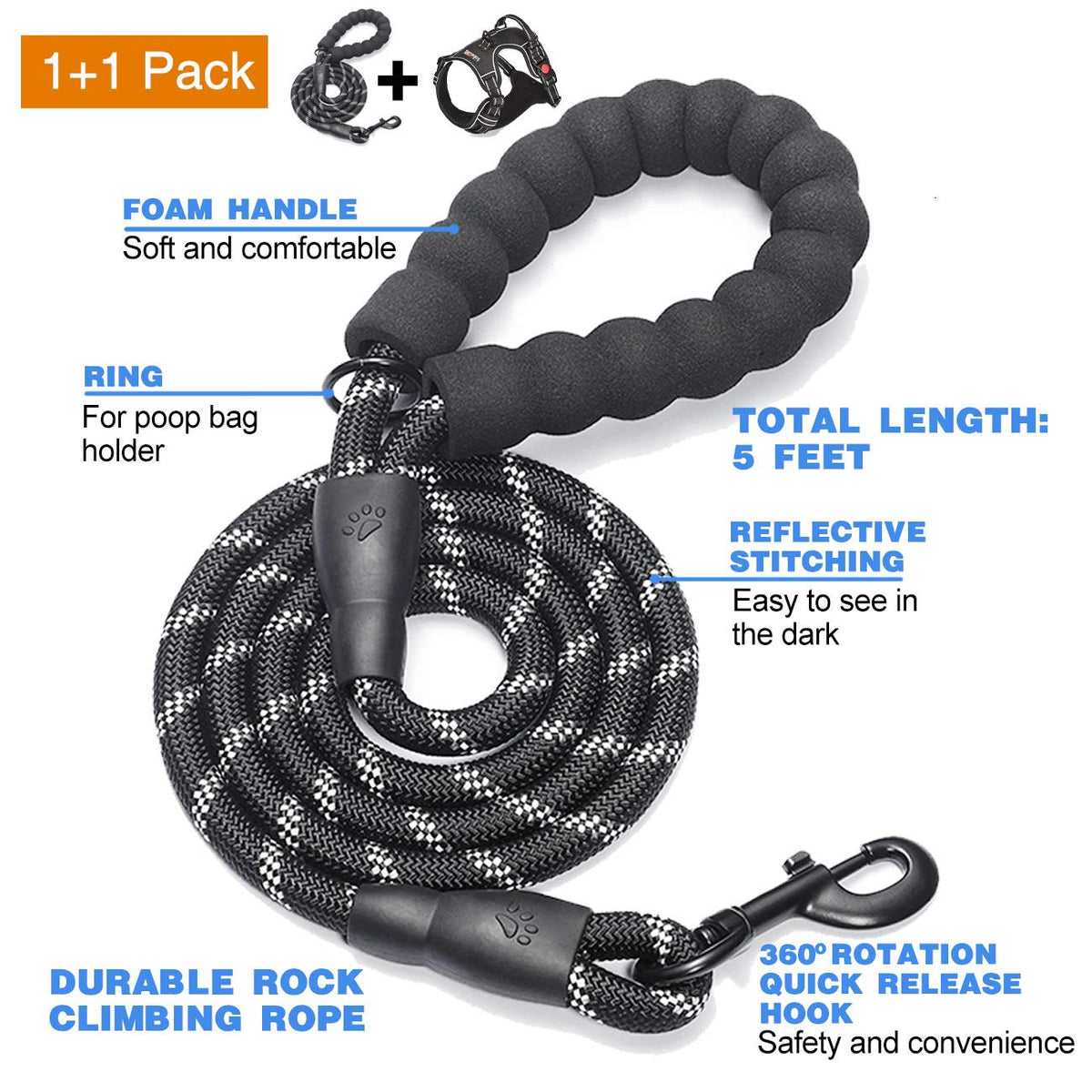 tobeDRI No Pull Dog Harness Adjustable Reflective Oxford Easy Control Medium Large Dog Harness with A Free Heavy Duty 5ft Dog Leash
