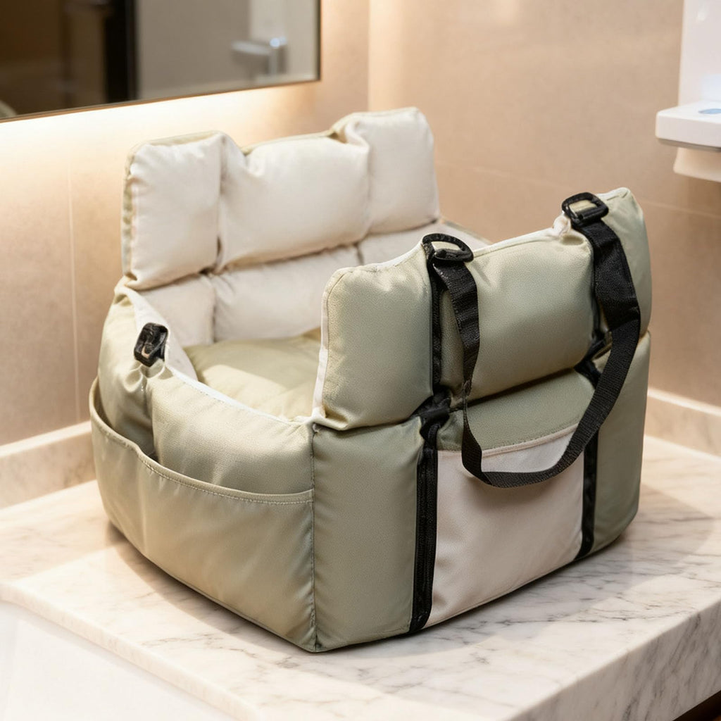 Soft Dog Car Seat Bed for Small Dogs Cats Under 25 lbs Portable Travel Pet Carrier with Storage Pockets Green Beige