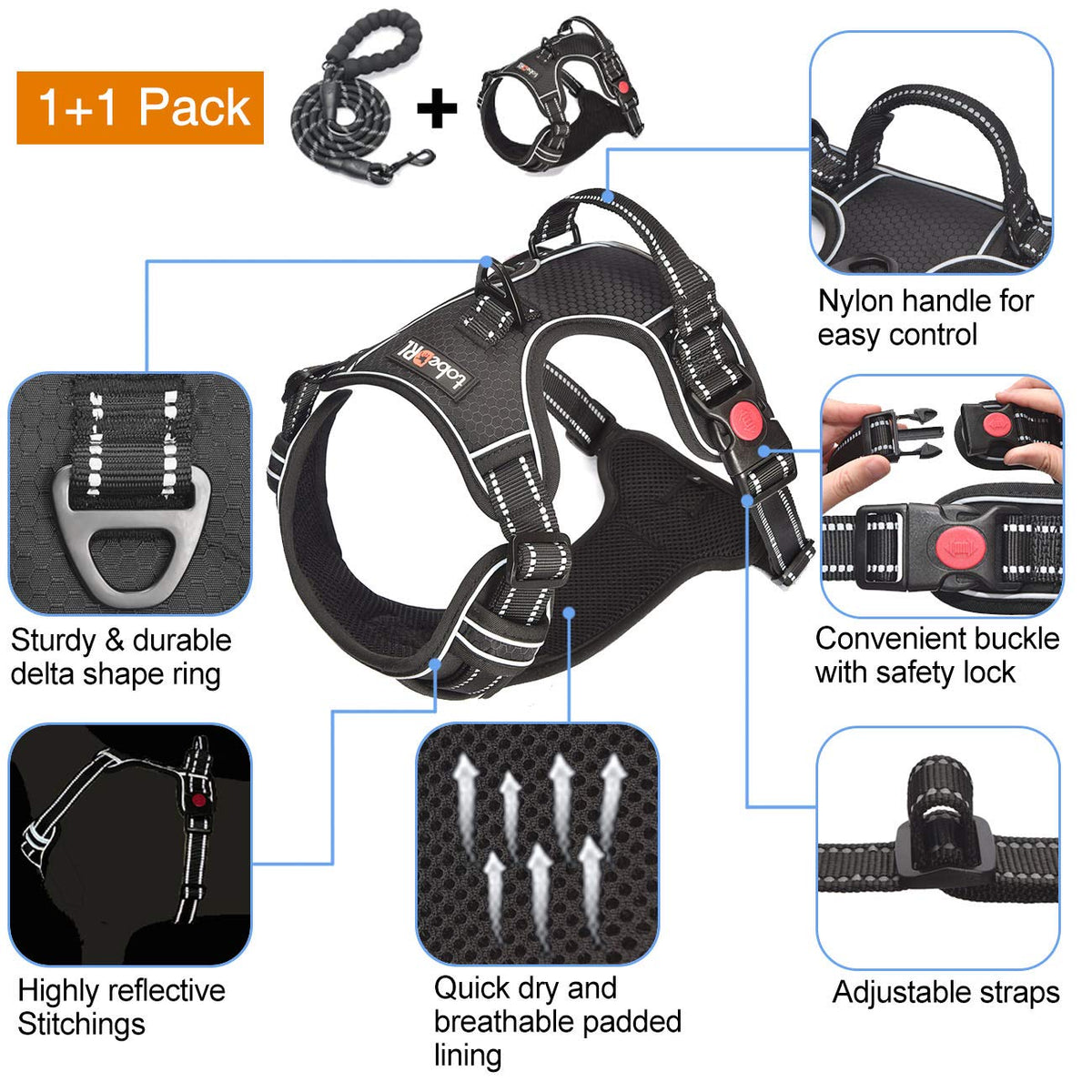 tobeDRI No Pull Dog Harness Adjustable Reflective Oxford Easy Control Medium Large Dog Harness with A Free Heavy Duty 5ft Dog Leash