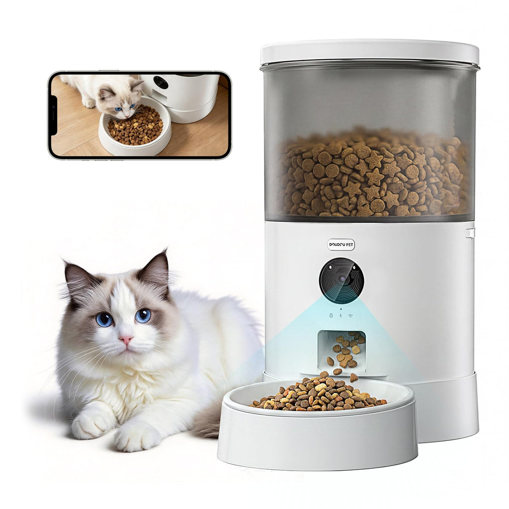 DOUDOU PET Automatic Cat Feeder, 5G&2.4G WiFi Pet Feeders, 4.5L Programmable Cat Food Dispenser with Airtight Lock-Fresh Technology,Equipped with a Ceramic Bowl and a Low Food Level Sensor