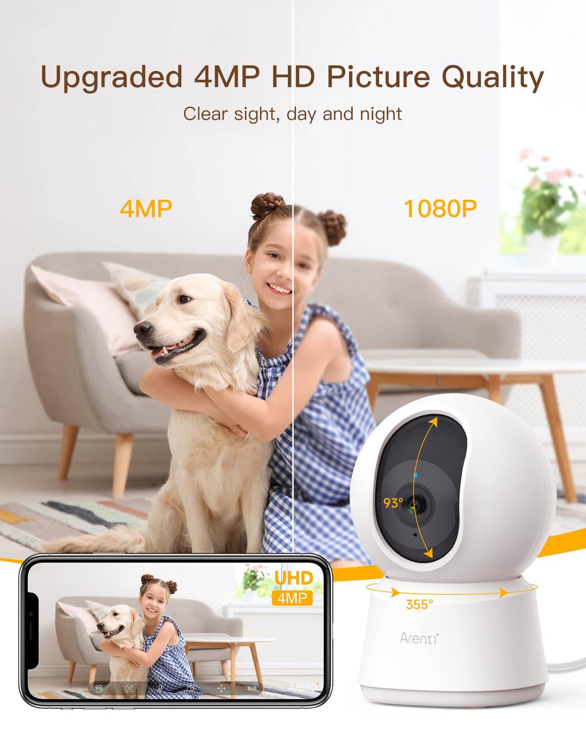 ARENTI 5G Indoor Security Camera, 4MP Pet Camera with Speaker for Dog/Cat, Baby Monitor with Phone App, Dual-Band WiFi, Auto Tracking, Super Night Vision, 2-Way Talk, Cloud & SD Card Storage(P2Q)