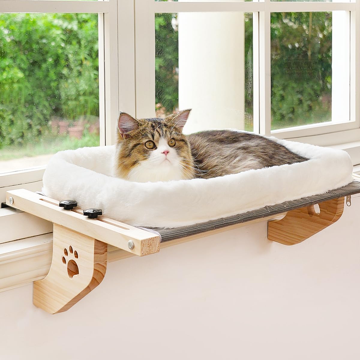 AMOSIJOY Wooden Cat Windowsill Perch with Zipper Cushion Bed