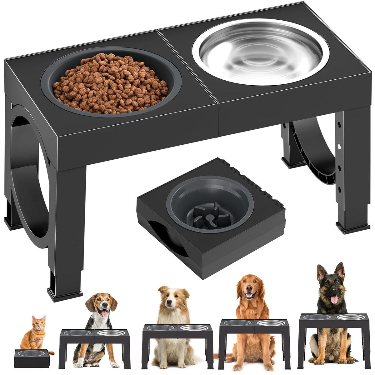 XIAZ Elevated Dog Bowls for Medium/Large Breeds, 4 Height-Adjustable Stainless Steel Dog Food & Water Bowls, No-Slip Portable Feeder for Travel